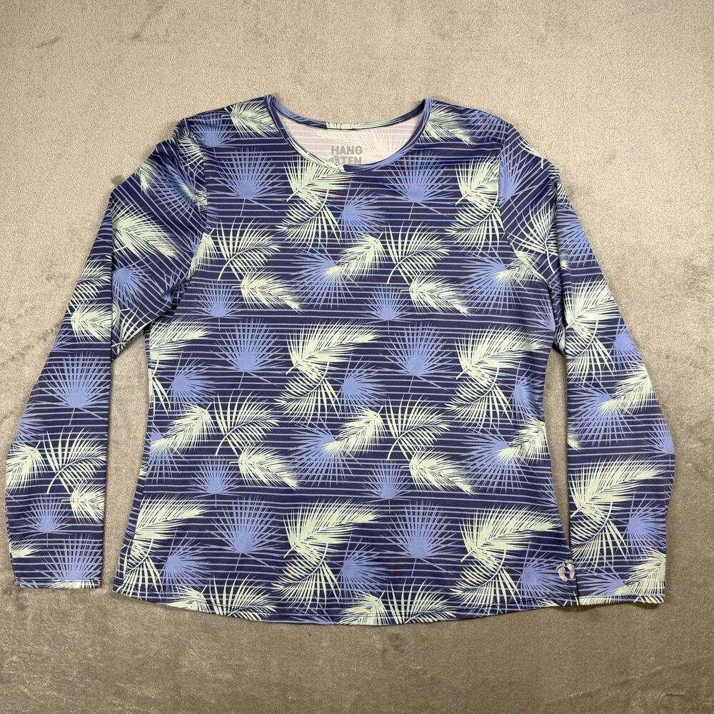Hang Ten Shirt Women's 2XL Blue Palm Stripe Sun Protect Long Sleeve Rash Guard